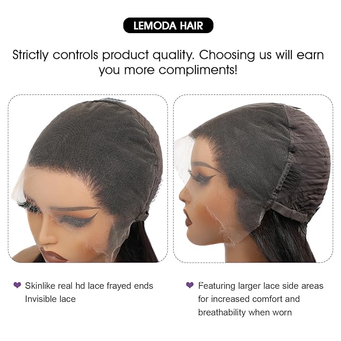 Lemoda Full 13x6 SKINLIKE Real HD Lace Frontal Wigs 210% Density 15A Straight 13x6 Full Lace Frontal Virgin Human Hair Wigs 22Inch Invisible 0.1mm Ultra-thin Knots Frayed Ends Lace Wig