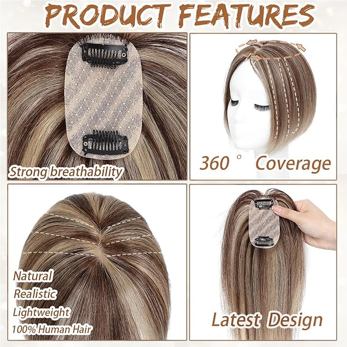 Amchoice Hair Toppers for Women Real Human Hair, Bangs Hair Clip 360° 3D Cover Bangs, Human Hair Toppers for Women Daily(P4/27, 3D Side Bangs (5 * 9))