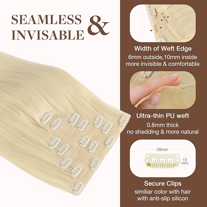 GOO GOO Clip in Hair Extensions Real Human Hair, Remy Human Hair Extensions Clip ins for Women, Natural Human Hair, 24inch 160g 7Pcs, 60A Platinum Blonde