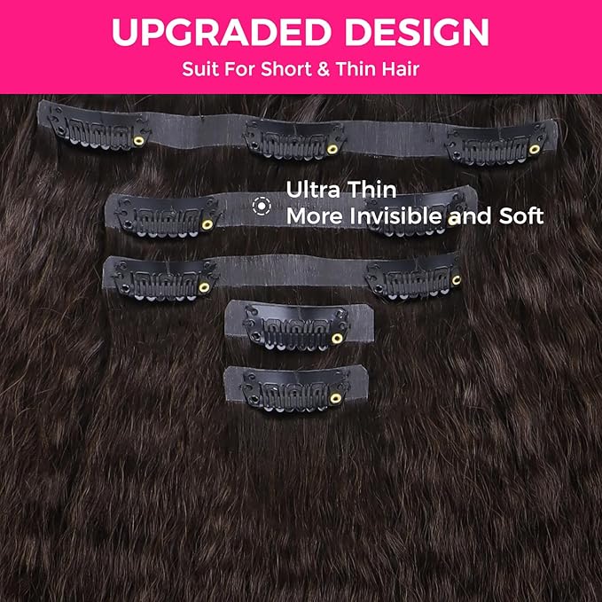 Lashey Seamless Clip in Hair Extensions Human Hair #2 Dark Brown Kinky Straight 7Pcs 110g 18inch Soft Flat PU Weft Real Human Hair Clip in for Women