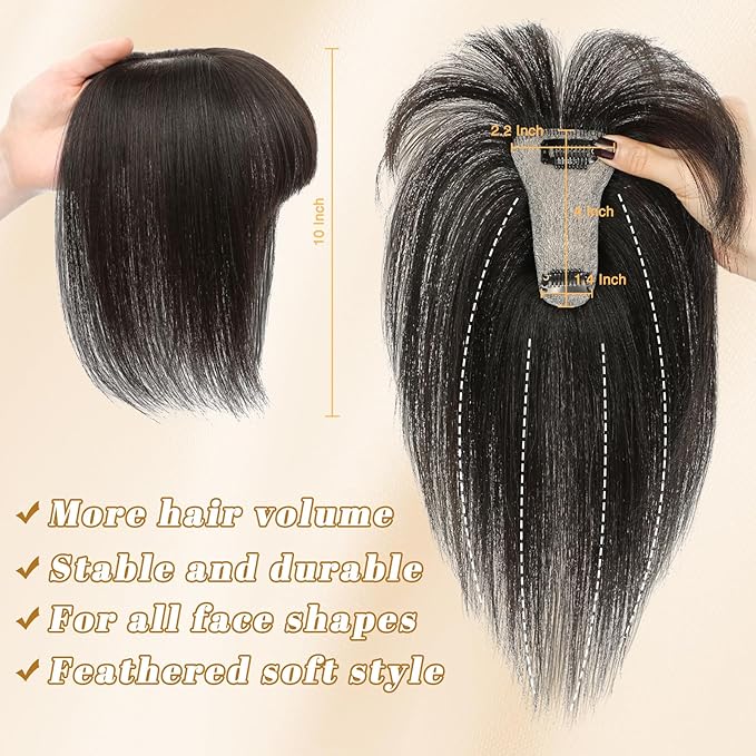 NAYOO Hair Toppers for Women Real Human Hair, 360° Cover Clips in Full Fringe Fake Bangs Hair Pieces for Women Girls Daily Wear(Brown Black)