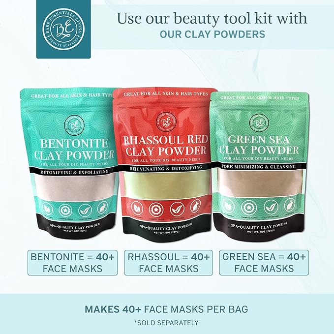 Bare Essentials Living - Clay Face Mask Mixing Bowl Set, Skin Care Kit Facial Bowls with Bamboo Lid, Face Mask Spoon, & Dual Sided Face Mask Brush Applicator for DIY Facials & Hair Mask (Blue Floral)