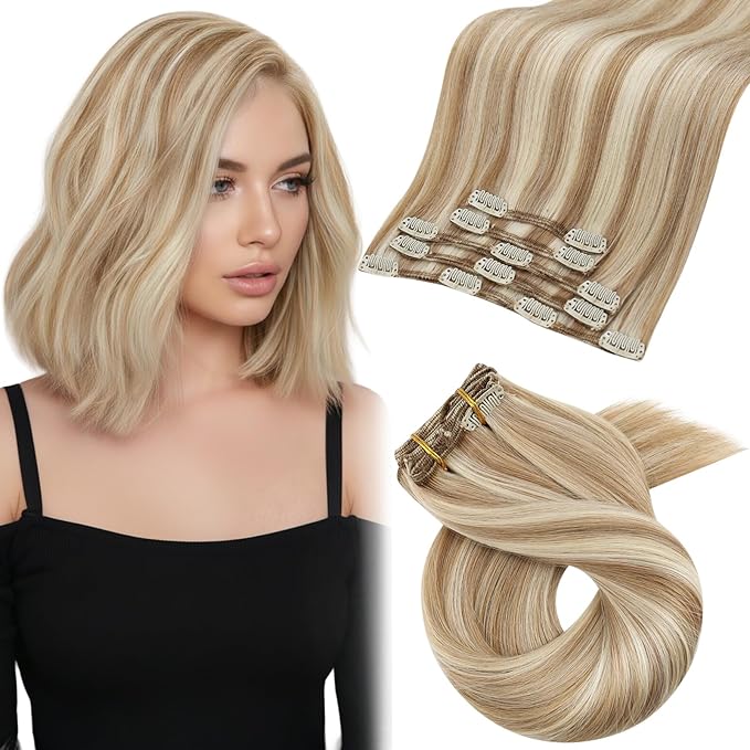Moresoo Blonde Highlight Clip in Hair Extensions Light Brown with Highlights for Women Short Human Hair Clip in Extensions Light Brown with Platinum Blonde Double Weft 80g/5pcs 12in