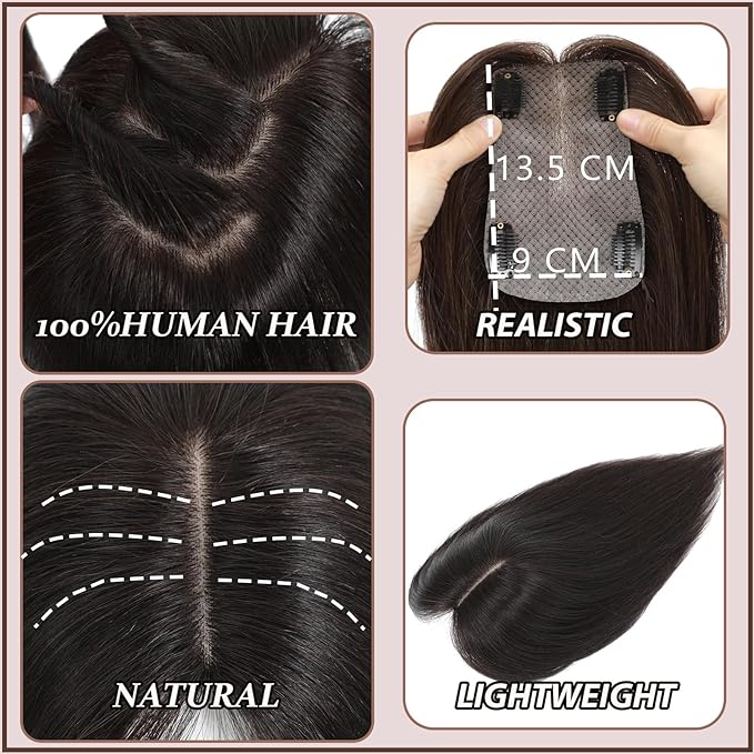Hair Toppers for Women Real Human Hair, 360° 3D Human Hair Toppers for Women with Thinning Hair Upgrade Middle Part Clip in Bangs (Medium Brown, 14 Inch-3D-Side)