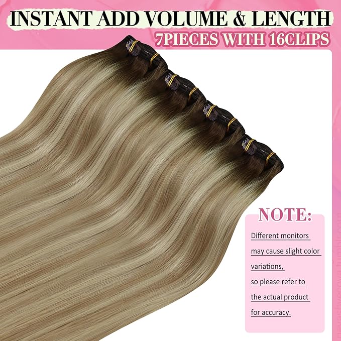 YoungSee Clip in Human Hair Extensions Brown Ombre Clip in Extensions Real Human Hair Walnut Ombre Light Brown with Blonde Balayage Real Hair Extensions Clip ins Human Hair 20Inch 120G 7Pcs