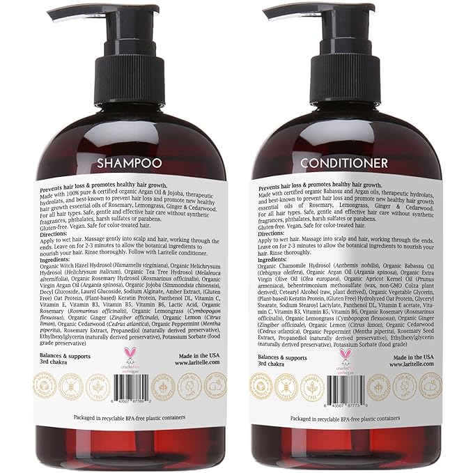 Laritelle Organic Shampoo 17 oz + Conditioner 16 oz | Prevents Hair Loss, Promotes Hair Growth | Argan Oil, Rosemary, Ginger & Cedarwood | NO GMO, Sulfates, Gluten, Alcohol, Parabens, Phthalates