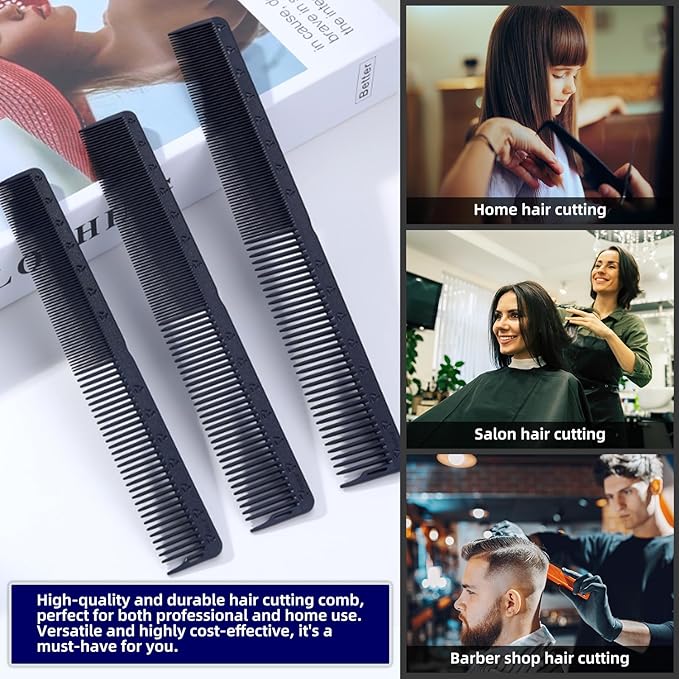 PERFEHAIR 2-Pack Professional Round Tooth Hair Cutting Comb - 9 Inch, Black Carbon Fiber Anti-Static & Heat Resistant, Durable Barber Combs with Fine & Wide Tooth for Precise Haircut for Men & Women