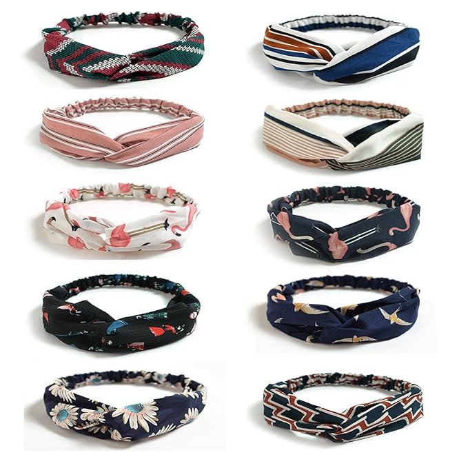 DRESHOW 10 Pack Boho Headbands for Women Girls Criss Cross Elastic Hair Bands Yoga Flower Headwraps Accessories