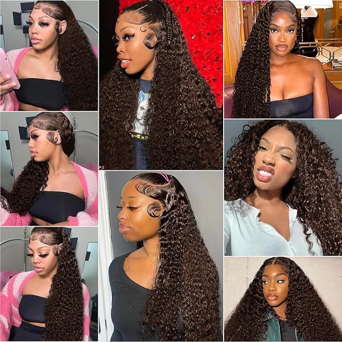 30 Inch Chocolate Brown Deep Wave Lace Front Wigs Human Hair 210 Density 13x6 HD Lace Frontal Wigs Human Hair Pre Plucked Brown Curly Glueless Wigs Human Hair for Women