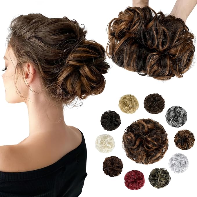 Messy Bun Hair Piece Wavy Curly Scrunchies Fluffy Donut Thick Updo Elegant Chignon Hairpieces for Women Girls, Dark Brown Mix Light Auburn 1.4oz