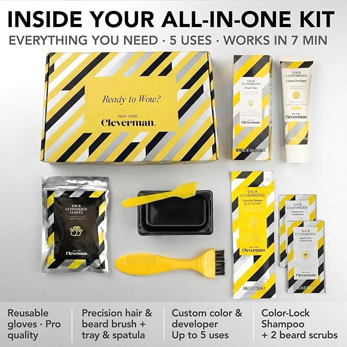 Cleverman Medium Blond All-in-One Reusable Kit for Men's Natural-Looking Gray Coverage - Professional-Quality Hair, Beard & Mustache Color, Ammonia-Free