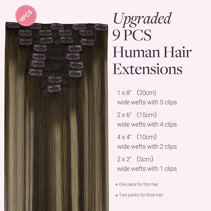 GOO GOO Clip in Hair Extensions Real Human Hair, Remy Human Hair Extensions Clip ins for Women, Natural Human Hair, 14inch 150g 9Pcs, 4/26/4 Balayage Chocolate Brown to Honey Blonde