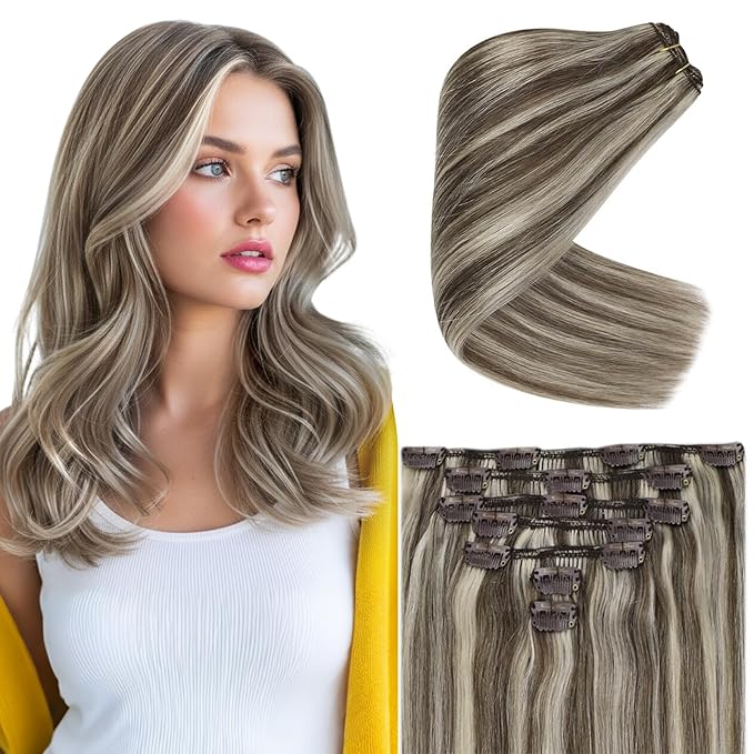 Ve Sunny Clip in Hair Extensions Real Human Hair Double Weft Remy Hair Clip in Extensions Human Hair for Women Full Head Light Brown Highlight Platinum Blonde 7pcs 120g 22 inch