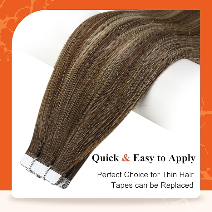 Full Shine Tape in Hair Extensions Human Hair 18Inch Medium Brown Fading to Brown Highlight 4/24/4 Invisible Tape in Hair Extensions 20Pcs Remy Straight Hair Extensions Tape in 50Grams