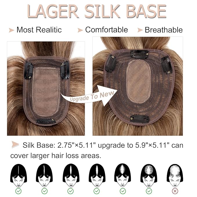 Hair Toppers for Women Real Human Hair With Bangs, 13 * 15 cm Larger Silk Base 150% Density Clip In Topper Hairpieces, Wiglet Top Pieces Add Volume -12 Inch 4P27 Medium Brown&Dark Blonde