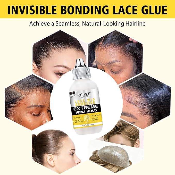 Goiple Wig Glue for Lace Front Wigs, Waterproof Lace Front Wig Glue for Wigs, Strong Hold Transparent Lace Adhesive for Hair Replacement Invisible Hair Bonding Wig Adhesive(1.28 fl oz)