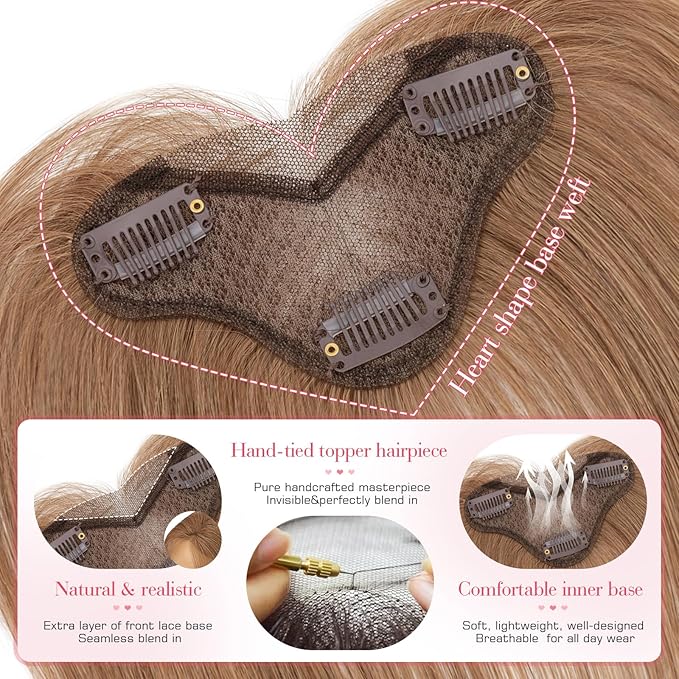 Hairro Human Hair Toppers For Women Wispy Thin Short Wiglet Hairpieces Natural No Bang Middle Part Side Bangs Hair Clip 11 Inches 14.5g #06 Light Brown