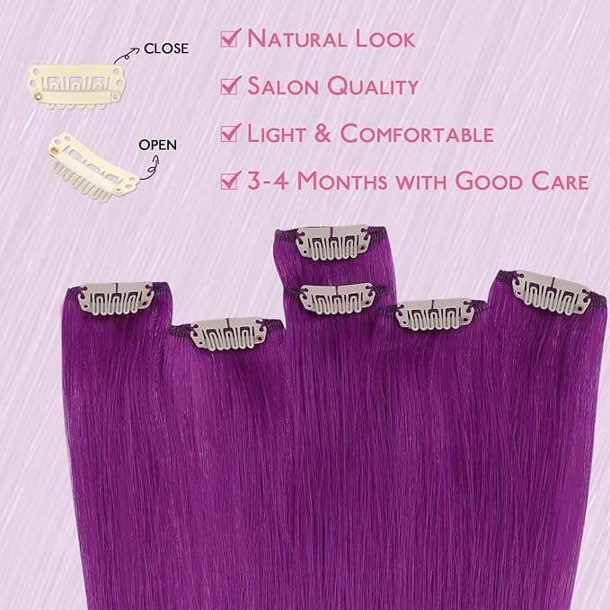 WENNALIFE Purple Clip in Hair Extensions Real Human Hair 35g 6pcs 18 Inch Colored Hair Extensions for Kids Women Colorful Hair Pieces Pop-up Style Straight Extensiones De Cabello Humano Con Clip