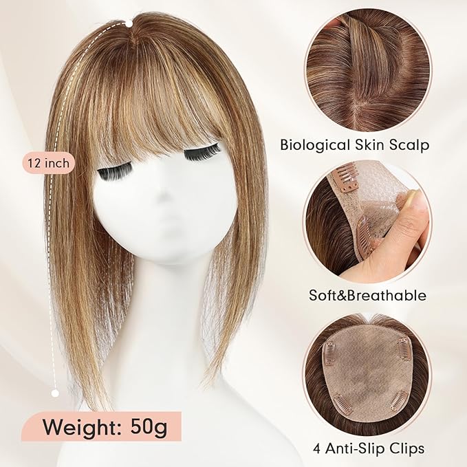 starluck Hair Toppers for Women with Bangs, 5"*5.5"Large Coverage Mixed Brown 100% Real Human Toppers for Women with Thinning Hair,Cover Gray Roots