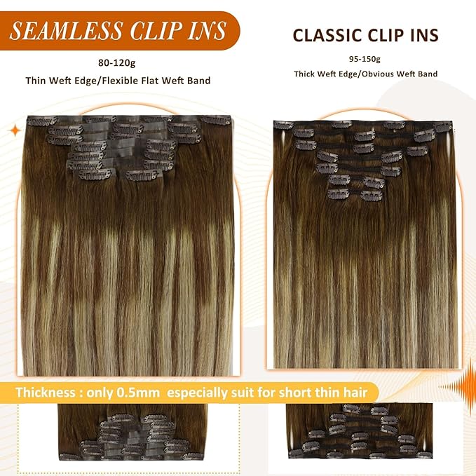 Full Shine Clip in Extensions Real Human Hair Brown Balayage Seamless Clip ins Medium Brown to Caramel Blonde and Brown Invisible Hair Extension Softness 20 Inch 8 PCS 120 G