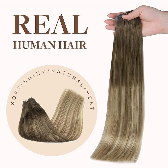 GOO GOO Clip in Hair Extensions Real Human Hair, Remy Human Hair Extensions Clip ins for Women, Natural Human Hair, 24inch 160g 7Pcs, 3/8/613 Balayage Walnut Brown to Ash Brown and Bleach Blonde