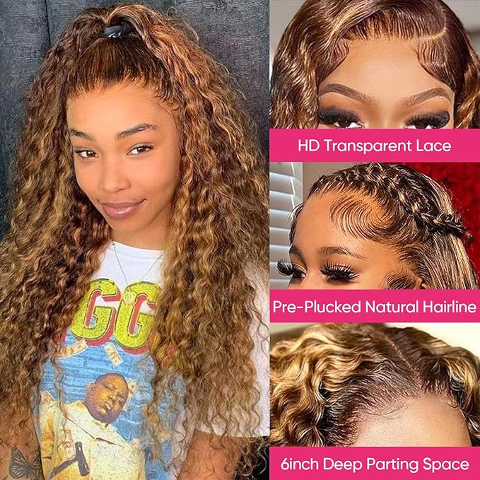 34 Inch Honey Blonde Ombre Highlight Deep Wave Lace Front Wigs Human Hair 200% Density 13x6 HD Transparent Lace Front Wigs Pre Plucked Glueless #4/27 Colored Curly Human Hair Wig for Women