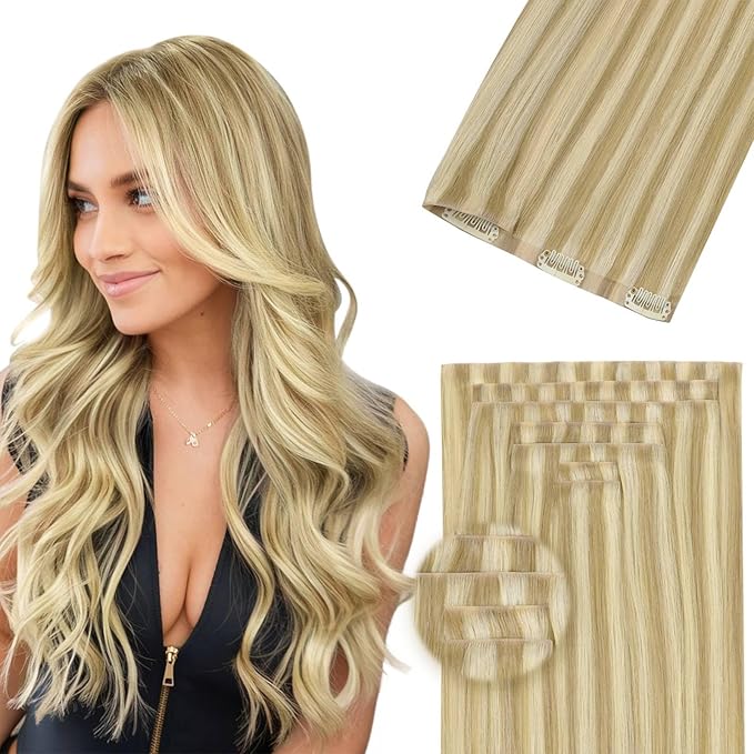 DOORES Invisible Clip in Hair Extensions 16 inch 110g 7pcs, Real Human Hair Invisi Edge Clip in Extensions, Virgin PU Clipins Straight Thickening, 16/22 Light Blonde Highlighted Golden Blonde