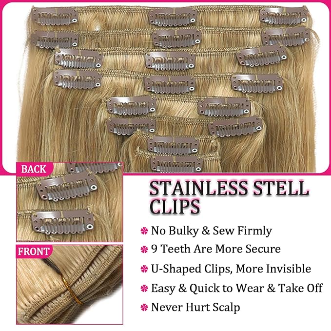 Clip in Hair Extensions Blonde Kinky Straight Human Hair Clip Ins 18inch 110g 8pcs Straight Blonde Hair Extensions for Women Natural Hair Clip Ins Human Hair for Women