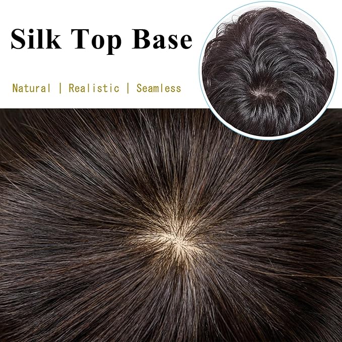 Short Human Hair Topper for Women with Hairloss,Invisible Clip in Short Curly Topper Hairpiece with Large Mesh 6.3x7 Ins and Silk Top Base Natural Fluffy Wiglet Hairpiece Natural Black