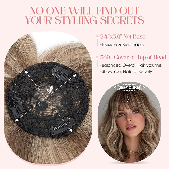 Hairro Mono Hair Toppers with Bangs, 3.4" x 3.4" Mono Base 100% Real Human Hairpieces for Women, 150% Density Clips In Topper for Greyish Thinning Hair, 12 Inch Medium Brown Mix Dark Blonde