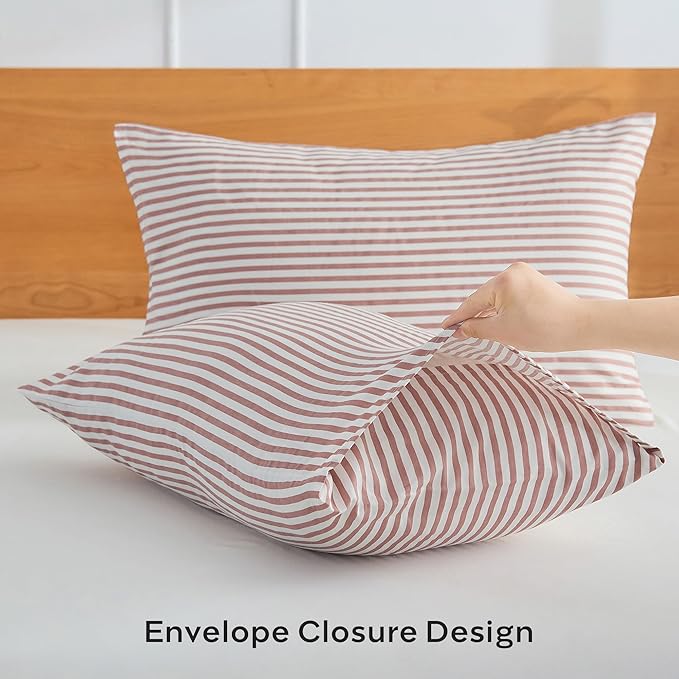 JELLYMONI 100% Natural Cotton Striped Standard Pillowcases Set, 2 Pack White and Pink Stripes Pattern Printed Pillow Covers with Envelope Closure(Pillows are not Included)