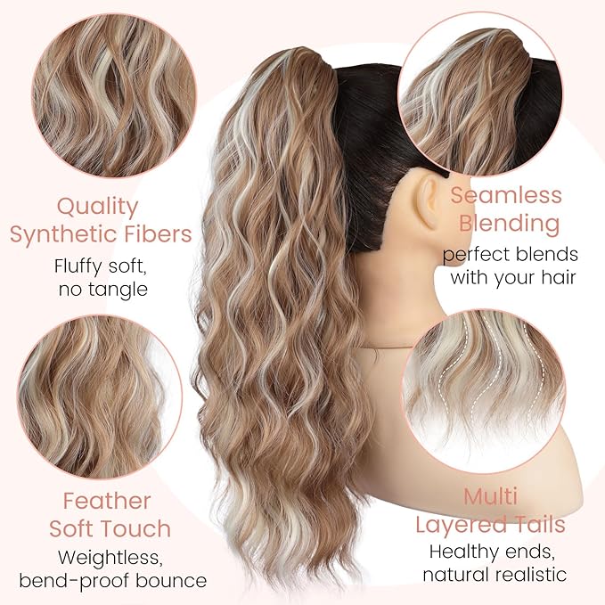 Claw Clip Ponytail Extension 18" for Women Wavy Pony Tail Clip in Hair Extensions Fluffy Natural Looking Synthetic Hairpiece for Daily Use (Honey Gold Mixed Light Blonde)