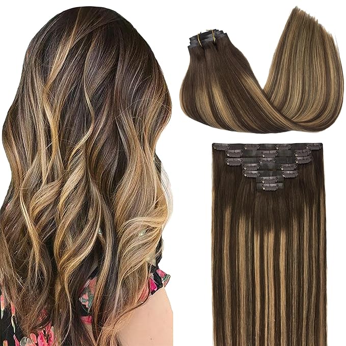 GOO GOO Clip in Hair Extensions Real Human Hair, Remy Human Hair Extensions Clip ins for Women, Natural Human Hair, 14inch 130g 9Pcs, 4/27/4 Balayage Chocolate Brown to Caramel Blonde