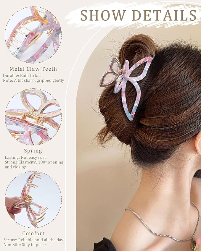 ACECHA 2 Pack Gold Metal Bow Hair Claw Clips for Women, Large Non-slip Butterfly Hairclips for Thin Thick Hair Claws Strong Hold Styling (Pink)