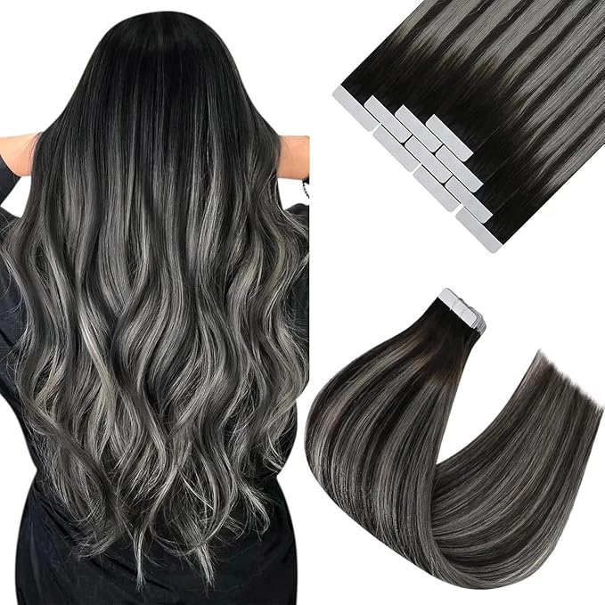 Sunny Hair Tape in Hair Extensions Human Hair 16 Inch Hair Extensions Real Human Hair Tape in Extensions for Women Natural Black Roots to Silver Grey Balayage Virgin Hair Natural Straight 10Pcs 25g