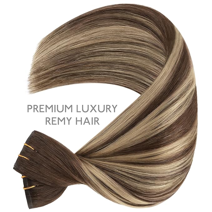 WENNALIFE Invisi Edge & Classic Seamless Clip in Hair Extensions Real Human Hair, 18 Inch 130 7pcs Balayage Chocolate Brown to Caramel Blonde Hair Extensions for Women Invisible Straight Injection