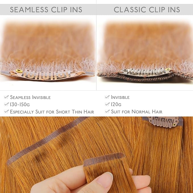 WENNALIFE Seamless Clip In Hair Extensions Human Hair, 20 Inch 150g 7pcs Auburn Ginger Real Hair Extensions Clip in Human Hair Invisible PU Skin Weft Natural Remy Human Hair Extensions