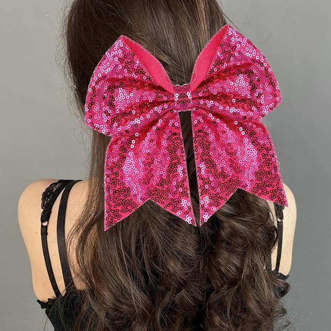 Large Big 7 Inch Glitter Bow Clip Sequin Bling Party Hair Accessories for Women Teens Girls Kids 1 Pcs (Hot Pink)
