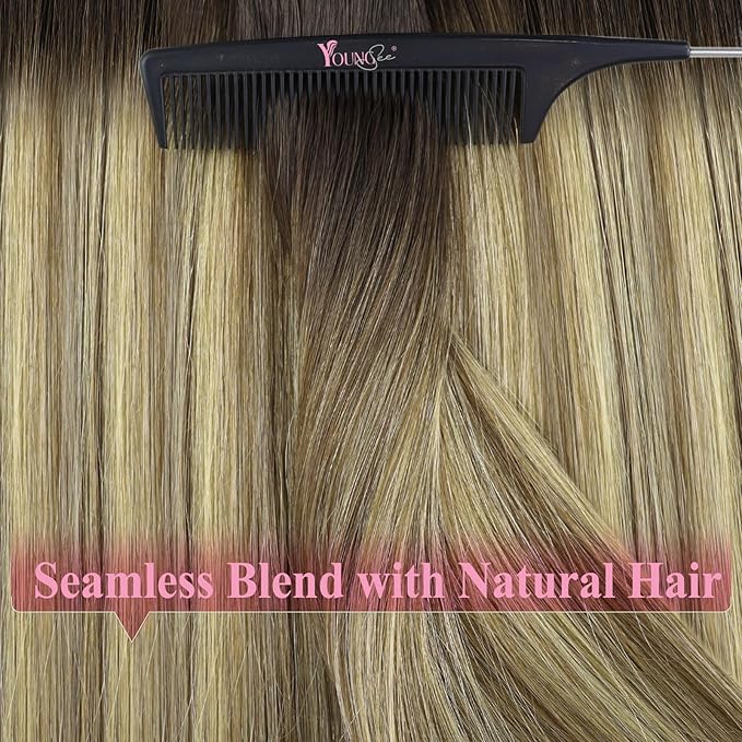 YoungSee Human Hair Tape in Extensions Balayage Tape in Hair Extensions Human Hair Dark Brown Ombre Blonde with Brown Tape-in Extension 16In 20pcs 50g Tapes Ins Human Hair Extension for Everyday Wear