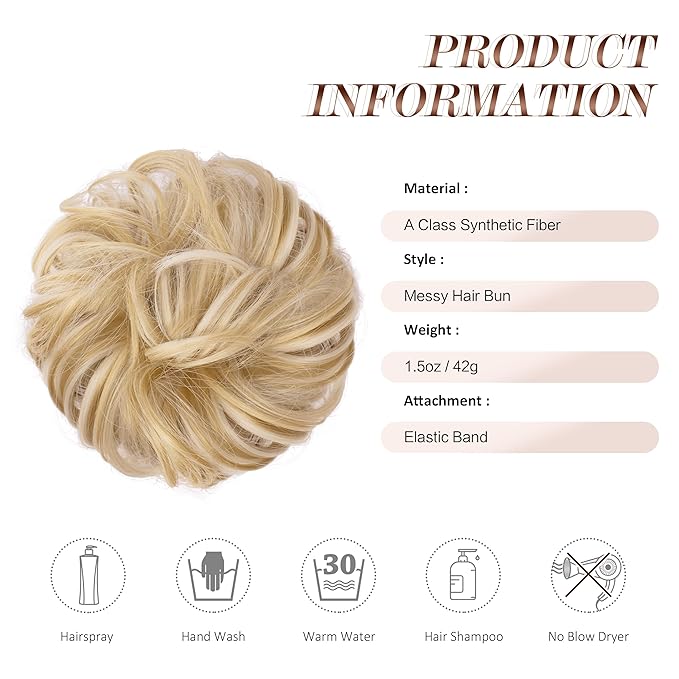 FESHFEN Messy Bun Hair Piece - Elastic Wavy Curly Hair Bun Scrunchies Extensions Synthetic Chignon Hairpieces for Women, Champagne Blonde & White Blonde 1.5 oz