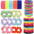 Hair Ties for girls 4 popular styles Hair Elastics (15pcs No Damage Hair Ties 50pcs High Elastic Ties 15pcs Ponytail Holders 12 Satin Scrunchies) Pain-free No Crease multiple colors for all hair types