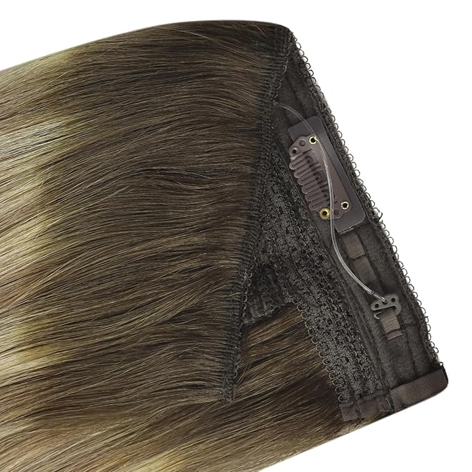 YoungSee Wire Hair Extensions Real Human Hair Brown Balayage Hair Extensions Invisible Wire Dark Roots to Light Brown with Blonde Reusable One Piece Hair Extension Easy to Wear 18Inch 80G