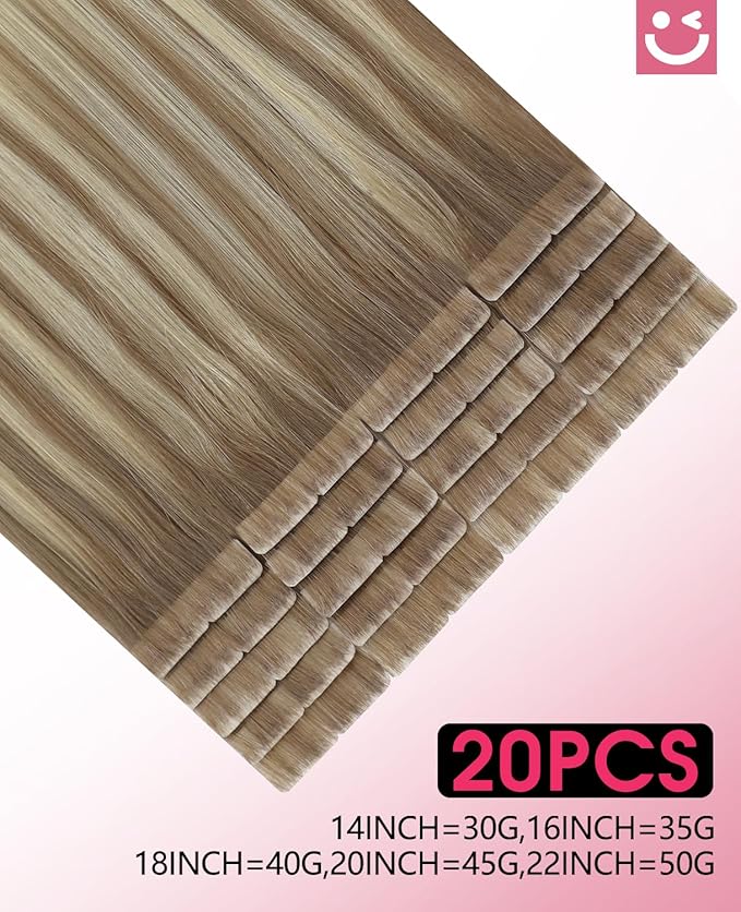 Youngsmile Injection Tape in Hair Extensions Human Hair #8T60 Ash Brown to Platinum Blonde 20pcs 45g 20 Inch Balayage Injected Seamless Tape in Hair Extensions Straight Remy Human Hair (#8T60,20'')