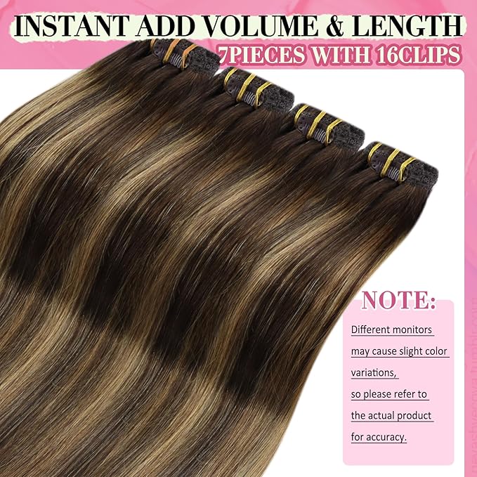 YoungSee Clip in Hair Extensions Human Hair Balayage Brown Human Hair Clip in Extensions Balayage Chocolate Brown Mix Caramel Blonde Full Head Clip ins Real Hair Extension Add Length 120G 20Inch