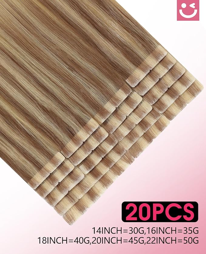 Youngsmile Injection Tape in Hair Extensions Human Hair Balayage #10/27/27 Golden Brown to Caramel Blonde 20pcs 50g 22 Inch Injected Tape in Hair Extensions Seamless Remy Human Hair (#10/27/27,22'')