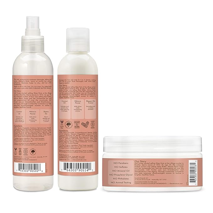 SheaMoisture Kids Extra Moisturizing Detangler, 2-In-1 Curl & Shine Coconut Hibiscus Shampoo & Conditioner, and Curling Butter Cream for Curly Hair 3 Count