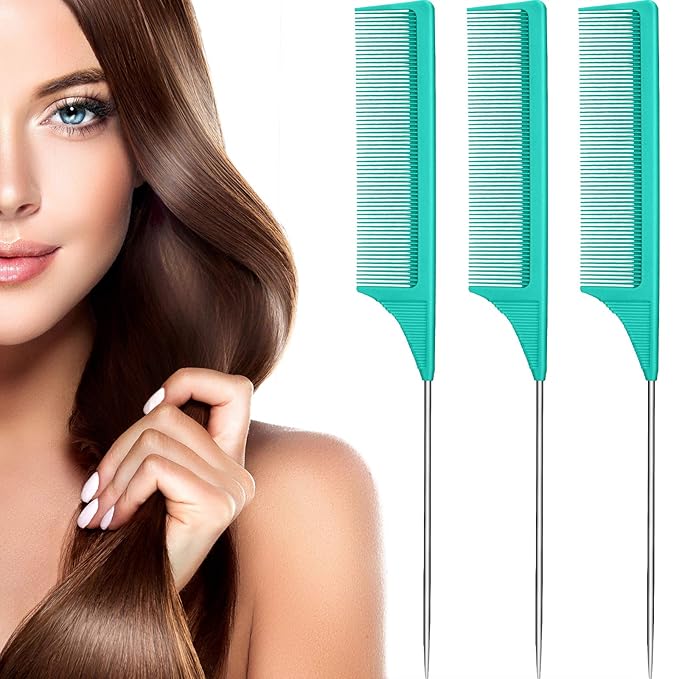 3 Packs Rat Tail Comb Steel Pin Rat Tail Carbon Fiber Heat Resistant Teasing Combs with Stainless Steel Pintail (Green)