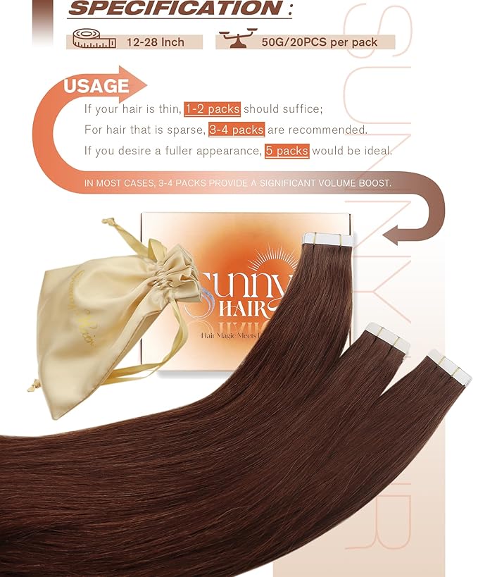 Sunny Hair Tape in Hair Extensions Real Human Hair Invisible Remy Hair Extensions Tape ins for Women Auburn Brown 16 inch 20Pcs 50G