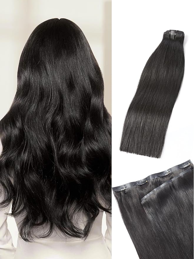 LUVME Straight Seamless 70g 4Pcs Clip in Hair Extensions Full Max with 22inch Remy Human Hair Clip ins Extensions, Natural Black 100% Real Soft Hair