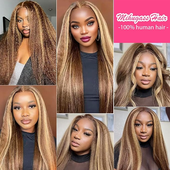 Kinky Straight Clip in Hair Extensions Real Human Highlight Clip ins For Women Unprocessed Clip on Hair Extensions(24inch,#4/27/4)